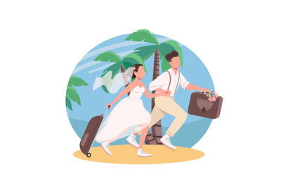 Just married couple honeymoon 2D vector web banner&2C; poster