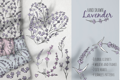 Hand drawn Lavender clipart. Valentines lavender heart.