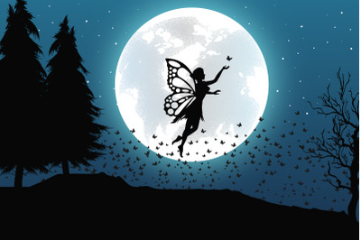 cute fairy and moon silhouette