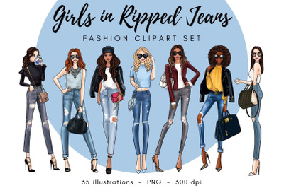 Girls in Ripped Jeans watercolour fashion illustration