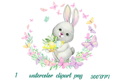 Watercolor Easter Bunny Clipart. Hand painted colorful egg, rabbit ani