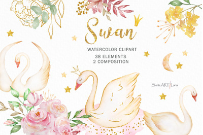 Watercolor Swan Princess and Flowers Clipart