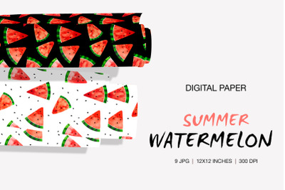Digital Paper Watercolor Watermelon Slices, Summer pattern