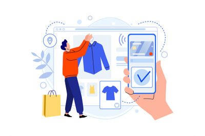 Shopping online with smartphone, man choosing clothes