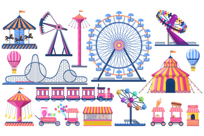 Amusement park. Circus festival tent, roller coaster, train, ferris wh