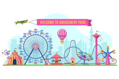 Amusement park landscape. Attractions park ferris wheel, roller coaste