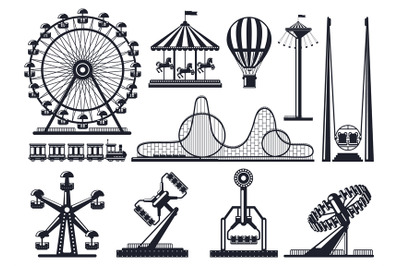 Amusement park silhouette. Attractions festive park carousel and ferri