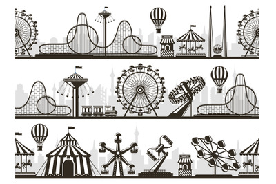 Amusement park views. Attractions park landscape silhouettes with ferr