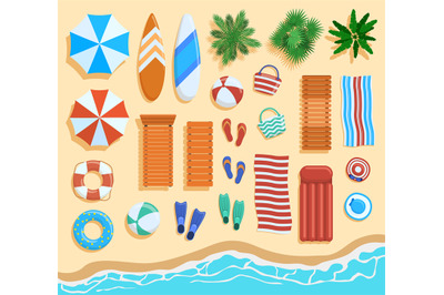 Beach elements top view. Sandy beach elements, tropical palms, chairs,