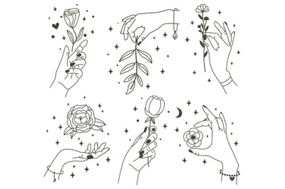 Flowers in magical hands. Trendy linear minimal style hands holding be