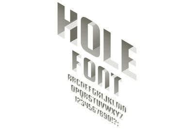 Isometric hole alphabet. Deep into surface 3d font, letters and number