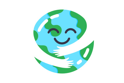 Earth caring. Cute planet mascot hugs himself, ecology concept, protec