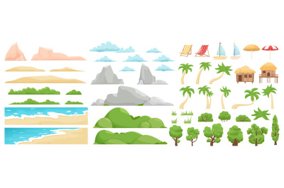 Beach landscape elements. Nature beach&2C; clouds&2C; hills&2C; mountains&2C; tree