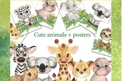 Cute kids animals watercolor clipart. African animals. Jungle animals.