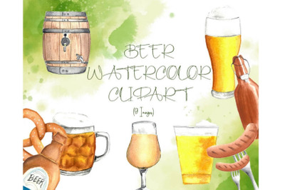 Watercolor Beer Clipart, Beer Bottles, Watercolor Pretzel