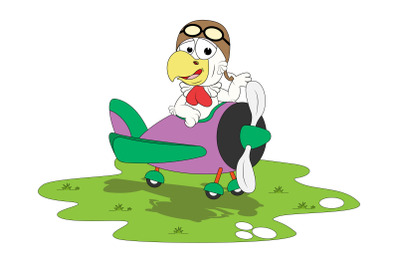 cute rooster cartoon with airplane