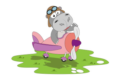 cute hippo cartoon with airplane