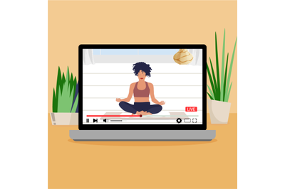 Yoga lesson online, live stream meditation. Vector yoga sport