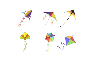 Flying kites with rope and colored pattern to playing kids