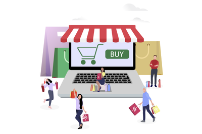 Shopping online, people buy in internet shop use laptop