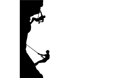 People climb on rock, black silhouette. Rock climber support partner o