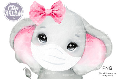 Baby Girl Elephant with White Face Mask and Pink Bow PNG images