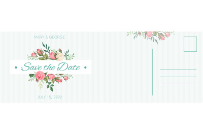 Wedding postcard. Summer bouquet botanical letter template. Romantic h