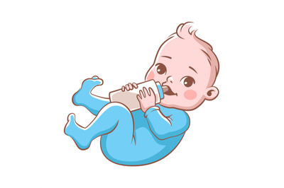 Cute baby boy with bottle of milk. Happy toddler character in blue clo