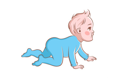 Happy baby boy. Crawling cartoon infant character in blue clothes, cut