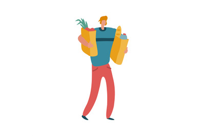 Man shopper with shopping bag. Modern male character with paper eco ba