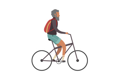 Old man cyclist. Elderly on bike with backpack outdoor activities, sim