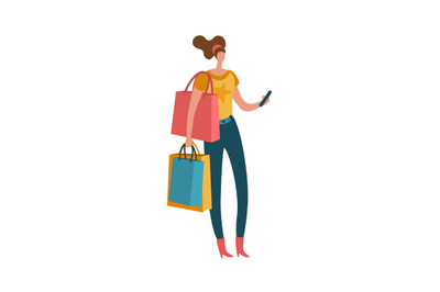 Shopping woman. Beautiful fashion buyer with shopping bags and smartph