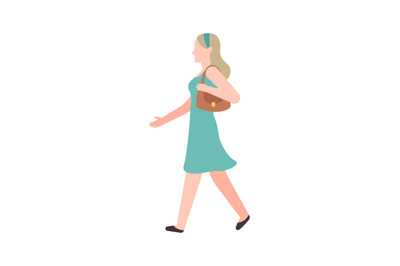 Walking flat woman. Modern young happy cartoon female character in sum