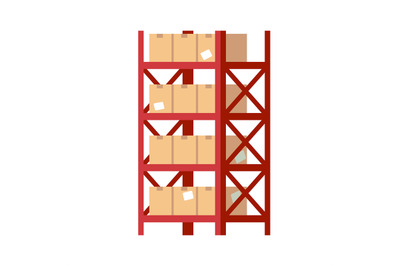 Warehouse shelves with boxes. Red metal rack with cardboard closed par