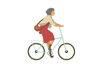 Woman riding bicycle. Old person on bike in dress outdoor activities i