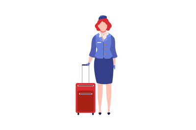 Cartoon stewardess with suitcase. Female air hostess in blue uniform,