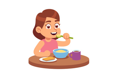 Cute girl eating. Hungry toddler sits at table and eats delicious cere