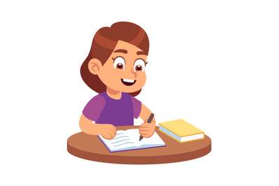 Girl at school desk. Smiling child sitting with books and textbooks, h