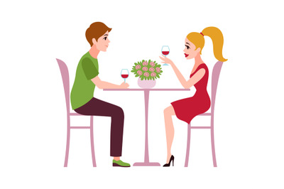 Happy romantic couple in restaurant. Man and woman sit at table drink