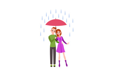 Loving couple in the rain. Romantic young people in love under umbrell