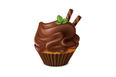 Realistic chocolate cupcake. Cute sweet homemade dessert, cocoa muffin