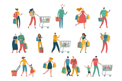 Shopping cartoon people. Man, woman and families with shopping bags in