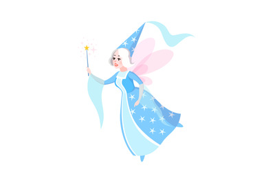 Fairy tales character. Cartoon woman in dress and cone hat with butter