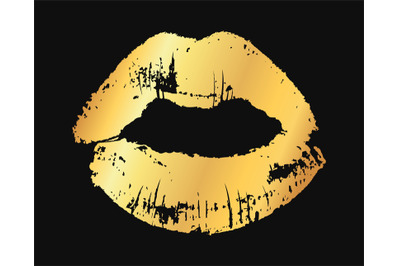 Gold lips. Golden metallic glamour lipstick kiss silhouette, female fa