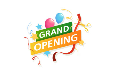 Grand opening banner. Vector promo flyer with scissors&2C; ribbons and ba