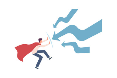 Man try stopping finance decrease. Super hero in cloak and falling arr