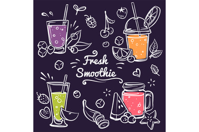 Hand drawn smoothies. Cup with detox drinks in different bottle collec