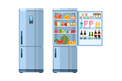 Open and closed fridge. Refrigerator empty and with products, healthy