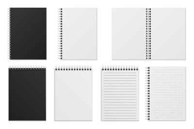 Open and closed notebook. Blank realistic spiral binder notepad or ske