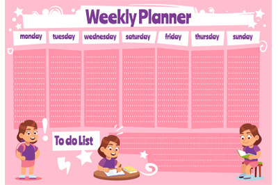 Weekly planner for kid. School calendar template, kids schedule and to